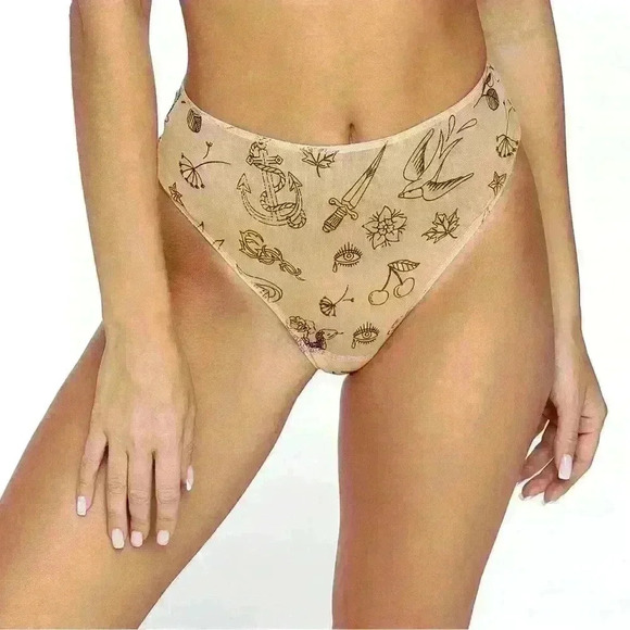 Less Is Amor Other - High Waisted Thong Underwear Tattoo Print Mesh Alnair  by Less Is Amor
